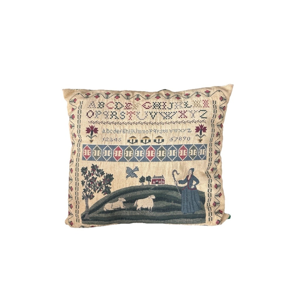 Vintage Embroidered Cross Stitch Pillow - Folk Art Sampler‎ Shepherd Sheep House